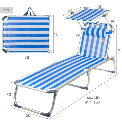 Aktive Espreguiçadeira de praia multiposições 186x49x30 cm estilo náutico com guarda-sol e almofada