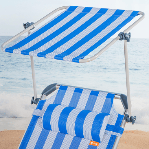 Aktive Espreguiçadeira de praia multiposições 186x49x30 cm estilo náutico com guarda-sol e almofada