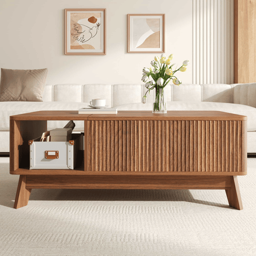 Mesa de centro com altura ajustável - efeito ondulado, compartimento lateral aberto, MDF, estilo moderno - Nogueira Mesa de centro com altura ajustável - efeito ondulado, compartimento lateral aberto, MDF, estilo moderno - Nogueira