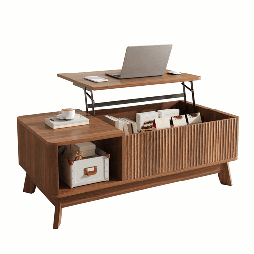 Mesa de centro com altura ajustável - efeito ondulado, compartimento lateral aberto, MDF, estilo moderno - Nogueira Mesa de centro com altura ajustável - efeito ondulado, compartimento lateral aberto, MDF, estilo moderno - Nogueira