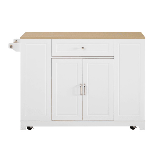 Ilha de cozinha com rodas - mesa extensível, gavetas multifuncionais e caixote do lixo - branco