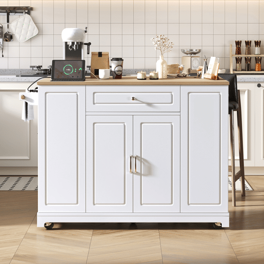 Ilha de cozinha com rodas - mesa extensível, gavetas multifuncionais e caixote do lixo - branco