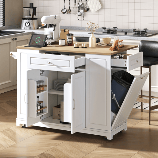 Ilha de cozinha com rodas - mesa extensível, gavetas multifuncionais e caixote do lixo - branco