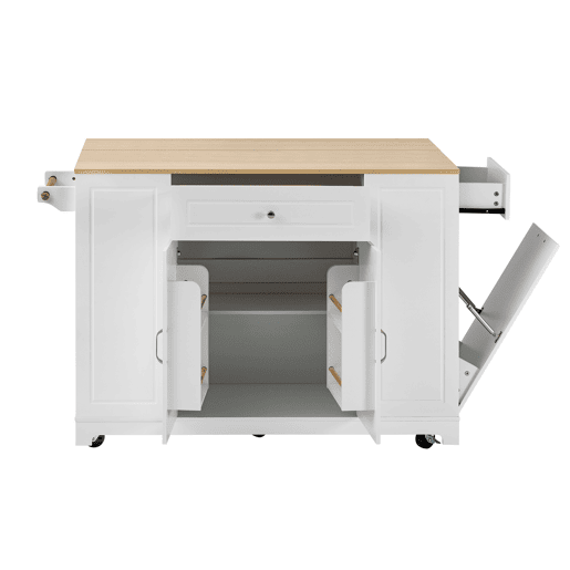 Ilha de cozinha com rodas - mesa extensível, gavetas multifuncionais e caixote do lixo - branco