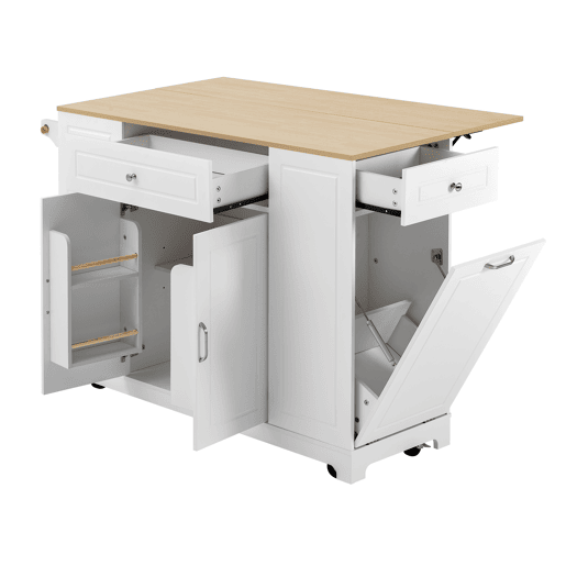 Ilha de cozinha com rodas - mesa extensível, gavetas multifuncionais e caixote do lixo - branco