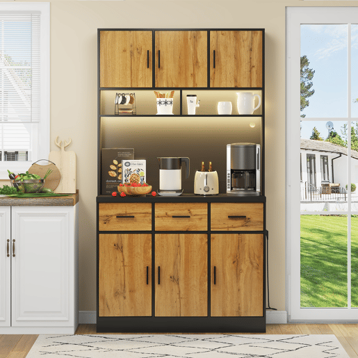 Buffet multifuncional 100x40x180 cm - Com iluminação LED, controlo remoto, gavetas, prateleiras ajustáveis, orifícios para cabos e tomadas - Preto+Natural