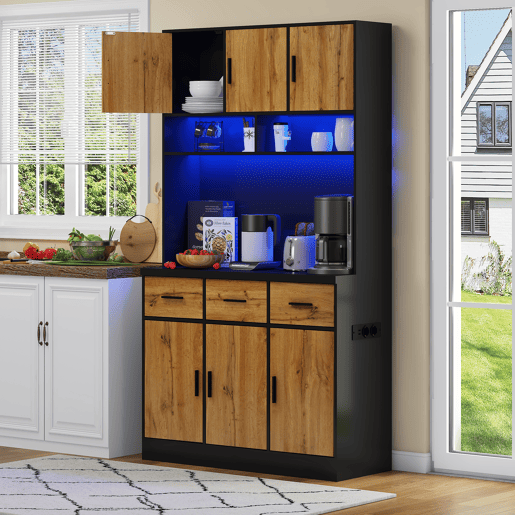 Buffet multifuncional 100x40x180 cm - Com iluminação LED, controlo remoto, gavetas, prateleiras ajustáveis, orifícios para cabos e tomadas - Preto+Natural