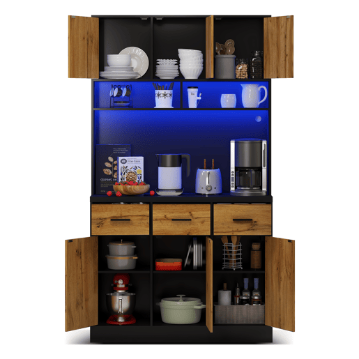 Buffet multifuncional 100x40x180 cm - Com iluminação LED, controlo remoto, gavetas, prateleiras ajustáveis, orifícios para cabos e tomadas - Preto+Natural