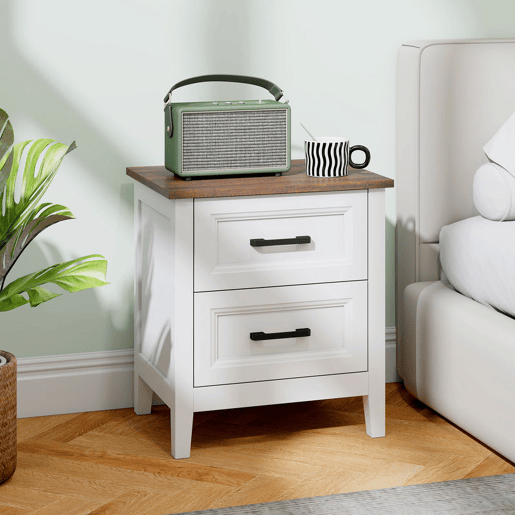 HOMCOM Mesa de Cabeceira Mesa de Cabeceira com 2 Gavetas Estilo Rústico Mesa Auxiliar para Sala Quarto 45x30x50 cm Branco