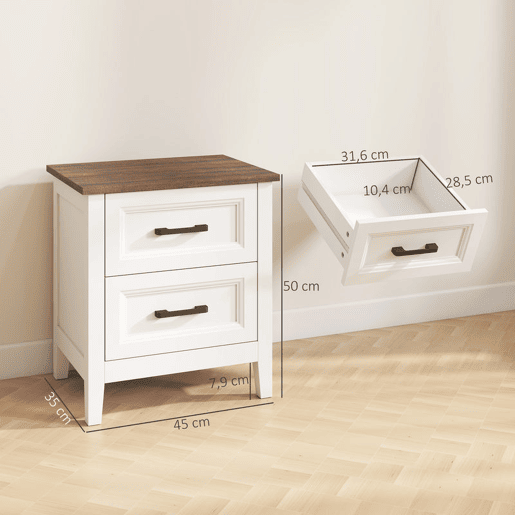 HOMCOM Mesa de Cabeceira Mesa de Cabeceira com 2 Gavetas Estilo Rústico Mesa Auxiliar para Sala Quarto 45x30x50 cm Branco