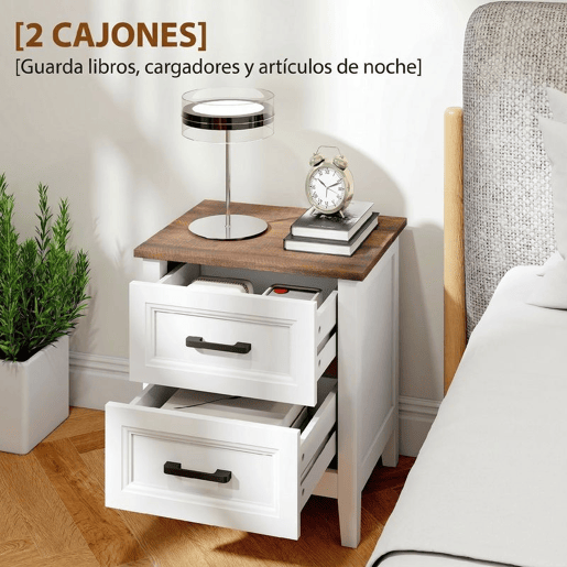 HOMCOM Mesa de Cabeceira Mesa de Cabeceira com 2 Gavetas Estilo Rústico Mesa Auxiliar para Sala Quarto 45x30x50 cm Branco