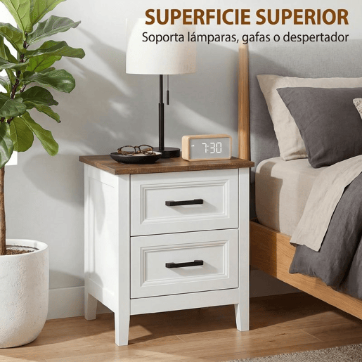 HOMCOM Mesa de Cabeceira Mesa de Cabeceira com 2 Gavetas Estilo Rústico Mesa Auxiliar para Sala Quarto 45x30x50 cm Branco