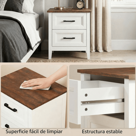 HOMCOM Mesa de Cabeceira Mesa de Cabeceira com 2 Gavetas Estilo Rústico Mesa Auxiliar para Sala Quarto 45x30x50 cm Branco