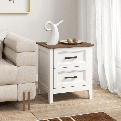 HOMCOM Mesa de Cabeceira Mesa de Cabeceira com 2 Gavetas Estilo Rústico Mesa Auxiliar para Sala Quarto 45x30x50 cm Branco