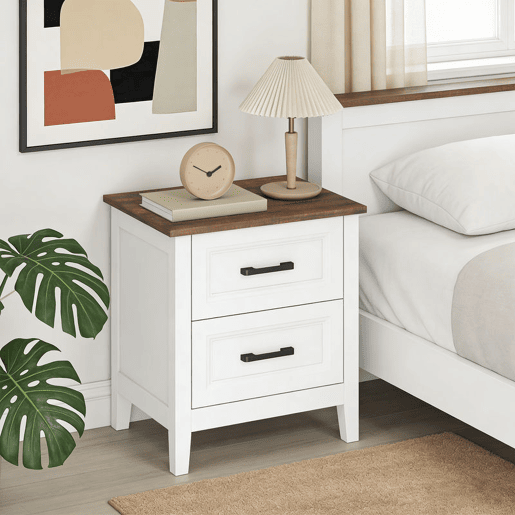 HOMCOM Mesa de Cabeceira Mesa de Cabeceira com 2 Gavetas Estilo Rústico Mesa Auxiliar para Sala Quarto 45x30x50 cm Branco