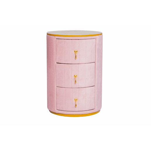 Mesa de cabeceira com 3 gavetas - Mesa de cabeceira redonda estofada em veludo com tampo em mármore e ferragens douradas - Rosa