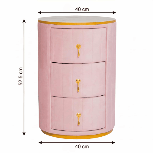 Mesa de cabeceira com 3 gavetas - Mesa de cabeceira redonda estofada em veludo com tampo em mármore e ferragens douradas - Rosa