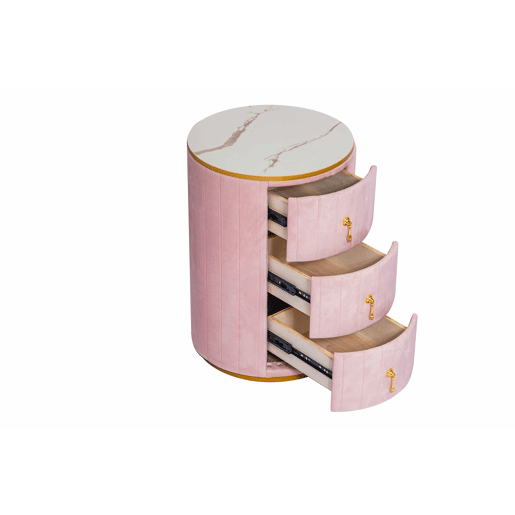 Mesa de cabeceira com 3 gavetas - Mesa de cabeceira redonda estofada em veludo com tampo em mármore e ferragens douradas - Rosa