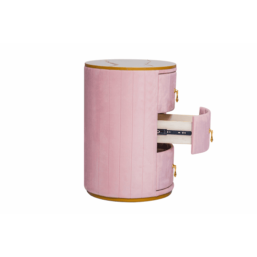 Mesa de cabeceira com 3 gavetas - Mesa de cabeceira redonda estofada em veludo com tampo em mármore e ferragens douradas - Rosa