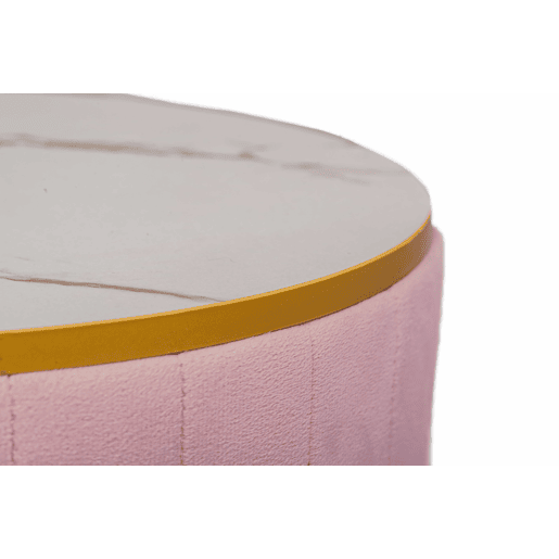 Mesa de cabeceira com 3 gavetas - Mesa de cabeceira redonda estofada em veludo com tampo em mármore e ferragens douradas - Rosa