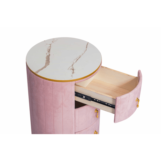 Mesa de cabeceira com 3 gavetas - Mesa de cabeceira redonda estofada em veludo com tampo em mármore e ferragens douradas - Rosa