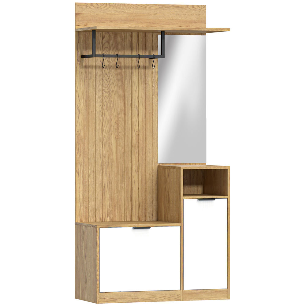 Homcom perchero zapatero, perchero entrada recibidor con zapatero, espejo, armario, estantes abiertos y 4 ganchos, estilo moderno, para pasillo dormitorio, 80x36x168 cm, roble