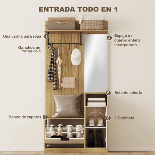 HOMCOM Cabideiro com Sapateira, Espelho, Armário, Prateleiras Abertas e 4 Ganchos, Estilo Moderno, para Entrada ou Quarto, 80x36x168 cm, Carvalho