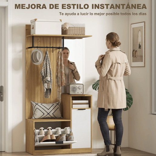 HOMCOM Cabideiro com Sapateira, Espelho, Armário, Prateleiras Abertas e 4 Ganchos, Estilo Moderno, para Entrada ou Quarto, 80x36x168 cm, Carvalho
