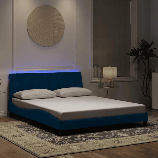 Estrutura de cama de casal moderno com LED - 160x200 cm veludo azul