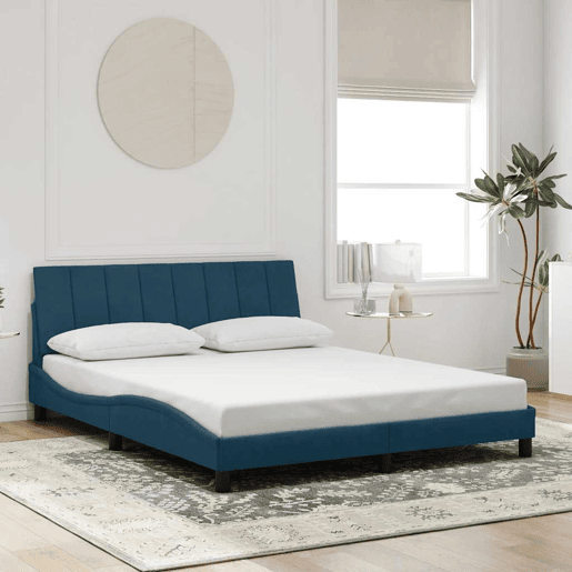 Estrutura de cama de casal moderno com LED - 160x200 cm veludo azul