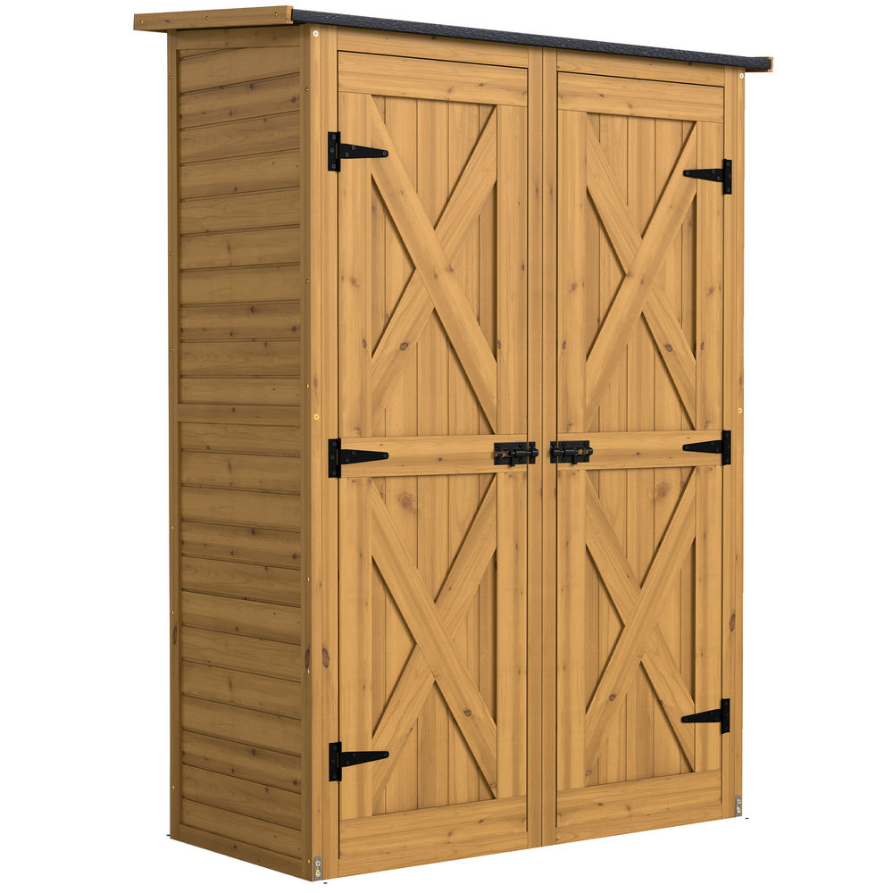 Outsunny caseta de jardín de madera 115x53x156 cm cobertizo jardín exterior armario exterior para herramientas con puertas dobles con pestillo 2 estantes y techo inclinado fijación con estacas marrón