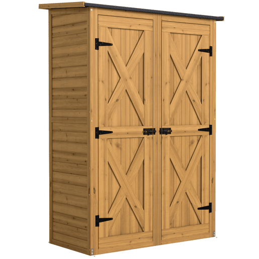 Outsunny Abrigo de Jardim em Madeira 115x53x156 cm Armário Exterior para Ferramentas com Portas Duplas com Trinco 2 Prateleiras e Telhado Inclinado Fixação com Estacas Castanho