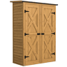 Outsunny Abrigo de Jardim em Madeira 115x53x156 cm Armário Exterior para Ferramentas com Portas Duplas com Trinco 2 Prateleiras e Telhado Inclinado Fixação com Estacas Castanho