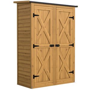 Outsunny Abrigo de Jardim em Madeira 115x53x156 cm Armário Exterior para Ferramentas com Portas Duplas com Trinco 2 Prateleiras e Telhado Inclinado Fixação com Estacas Castanho