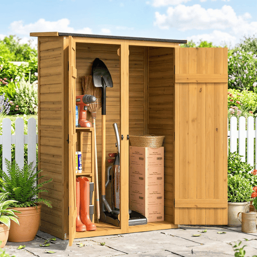Outsunny Abrigo de Jardim em Madeira 115x53x156 cm Armário Exterior para Ferramentas com Portas Duplas com Trinco 2 Prateleiras e Telhado Inclinado Fixação com Estacas Castanho
