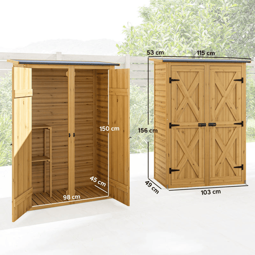 Outsunny Abrigo de Jardim em Madeira 115x53x156 cm Armário Exterior para Ferramentas com Portas Duplas com Trinco 2 Prateleiras e Telhado Inclinado Fixação com Estacas Castanho