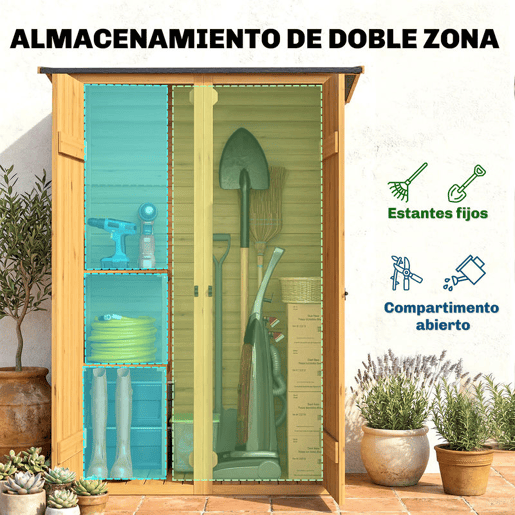 Outsunny Abrigo de Jardim em Madeira 115x53x156 cm Armário Exterior para Ferramentas com Portas Duplas com Trinco 2 Prateleiras e Telhado Inclinado Fixação com Estacas Castanho