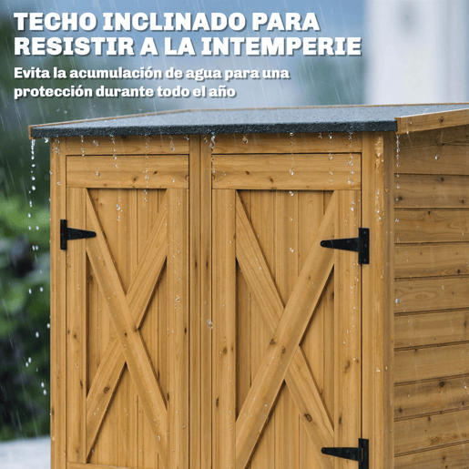 Outsunny Abrigo de Jardim em Madeira 115x53x156 cm Armário Exterior para Ferramentas com Portas Duplas com Trinco 2 Prateleiras e Telhado Inclinado Fixação com Estacas Castanho