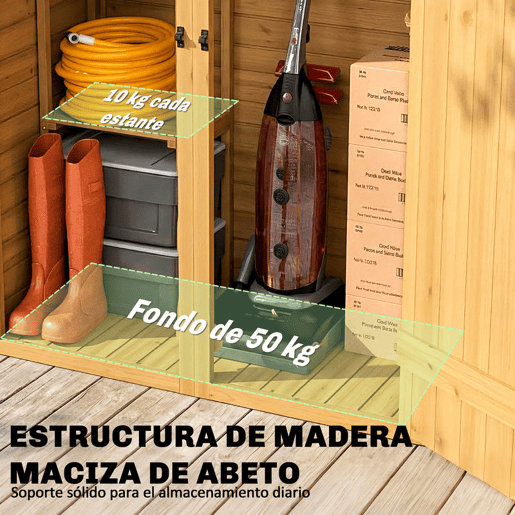 Outsunny Abrigo de Jardim em Madeira 115x53x156 cm Armário Exterior para Ferramentas com Portas Duplas com Trinco 2 Prateleiras e Telhado Inclinado Fixação com Estacas Castanho