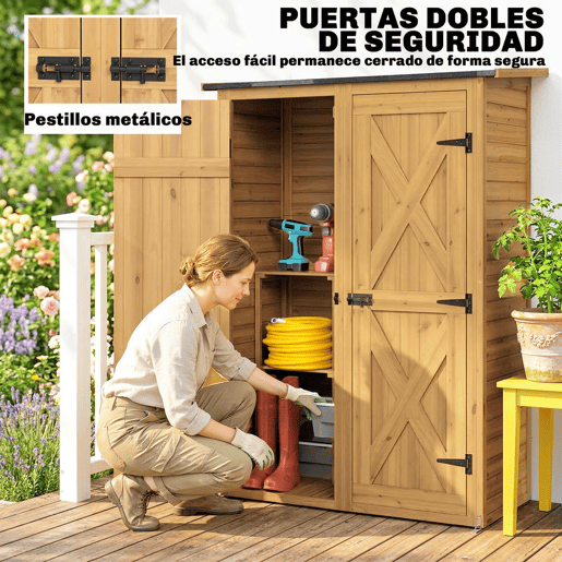 Outsunny Abrigo de Jardim em Madeira 115x53x156 cm Armário Exterior para Ferramentas com Portas Duplas com Trinco 2 Prateleiras e Telhado Inclinado Fixação com Estacas Castanho