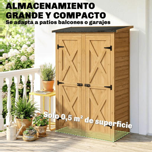 Outsunny Abrigo de Jardim em Madeira 115x53x156 cm Armário Exterior para Ferramentas com Portas Duplas com Trinco 2 Prateleiras e Telhado Inclinado Fixação com Estacas Castanho