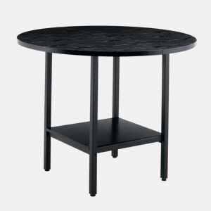 Mesa de jantar redonda - para 4 a 6 pessoas, com prateleira de arrumação, efeito de madeira preta e estrutura metálica - preta