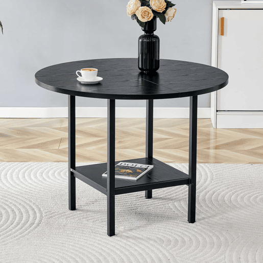 Mesa de jantar redonda - para 4 a 6 pessoas, com prateleira de arrumação, efeito de madeira preta e estrutura metálica - preta
