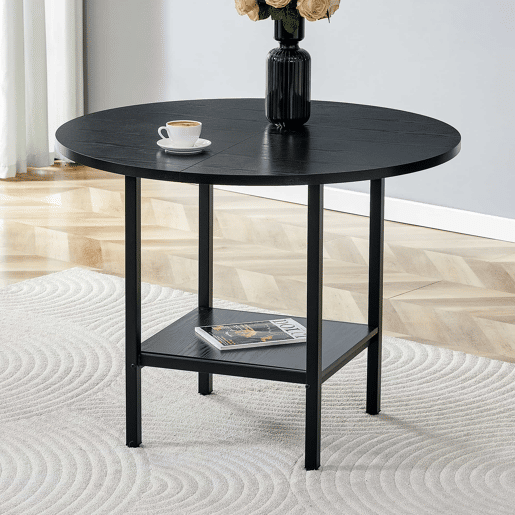 Mesa de jantar redonda - para 4 a 6 pessoas, com prateleira de arrumação, efeito de madeira preta e estrutura metálica - preta