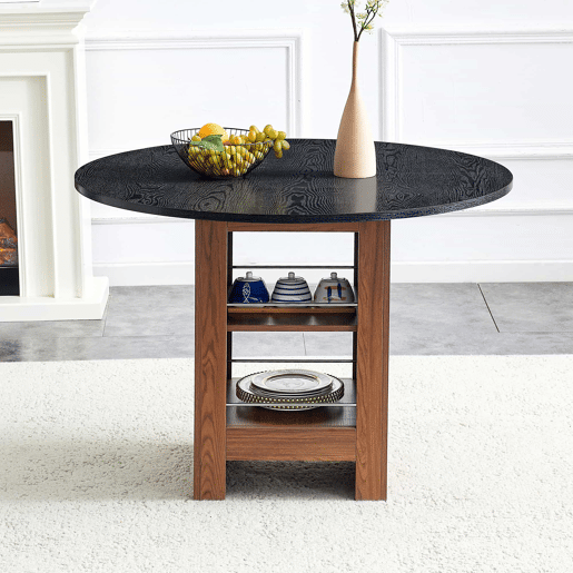 Mesa de jantar redonda de 100 cm u2013 com prateleira de arrumação, estrutura metálica, design moderno para 2 a 4 pessoas u2013 nogueira e preto