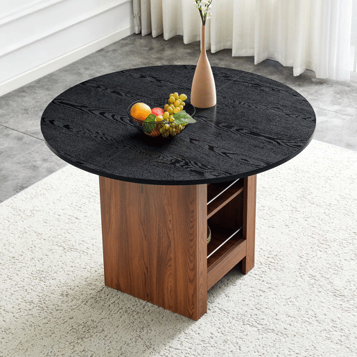 Mesa de jantar redonda de 100 cm u2013 com prateleira de arrumação, estrutura metálica, design moderno para 2 a 4 pessoas u2013 nogueira e preto