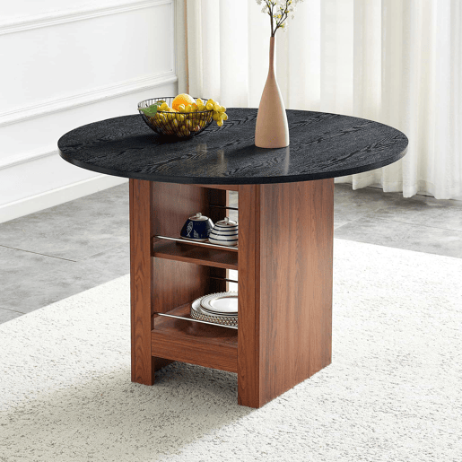 Mesa de jantar redonda de 100 cm u2013 com prateleira de arrumação, estrutura metálica, design moderno para 2 a 4 pessoas u2013 nogueira e preto
