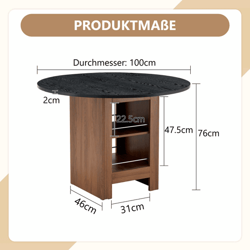 Mesa de jantar redonda de 100 cm u2013 com prateleira de arrumação, estrutura metálica, design moderno para 2 a 4 pessoas u2013 nogueira e preto
