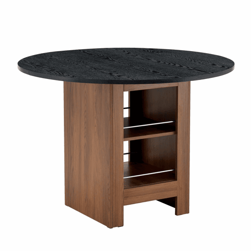 Mesa de jantar redonda de 100 cm u2013 com prateleira de arrumação, estrutura metálica, design moderno para 2 a 4 pessoas u2013 nogueira e preto