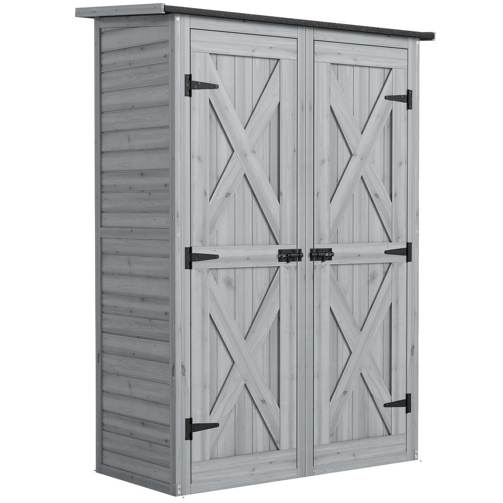 Outsunny caseta de jardín de madera 115x53x156 cm cobertizo jardín exterior armario exterior para herramientas con puertas dobles con pestillo 2 estantes y techo inclinado fijación con estacas gris